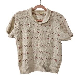 Vintage JG Hook‎ Petites Linen Cotton Handknit Polo Sweater Cream Pink Pet Small